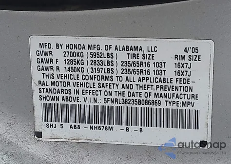 2005 Honda Odyssey Lx from USA, damaged, VIN 5FNRL38235B086869